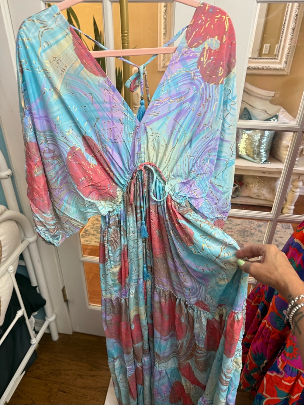 Marbled Aqua & Coral Maxi Dress with Drawstring Waist